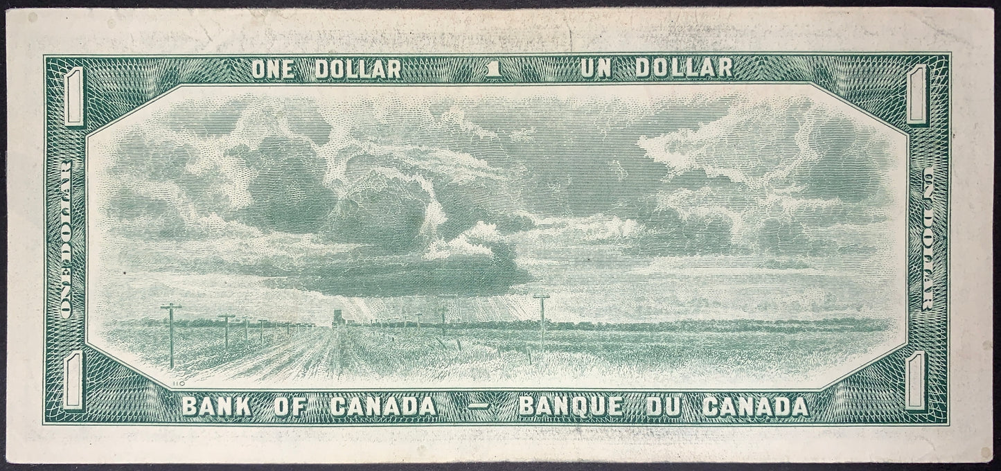 back of Canada 1 Dollar 1954 P-74b collectible vintage banknote with prairie landscape near Fleming, Saskatchewan, featuring the historic Trans-Canada road