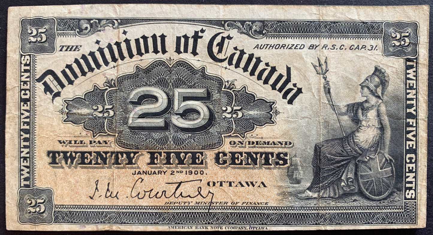 front of Canada 25 Cents "Shinplaster" 1900 P-9a F collectible vintage banknote with seated Britannica