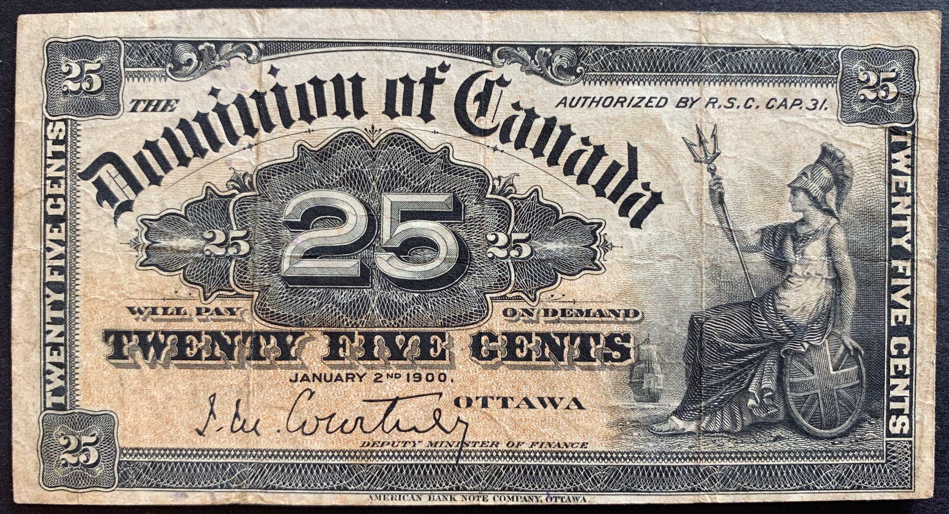 front of Canada 25 Cents "Shinplaster" 1900 P-9a F collectible vintage banknote with seated Britannica