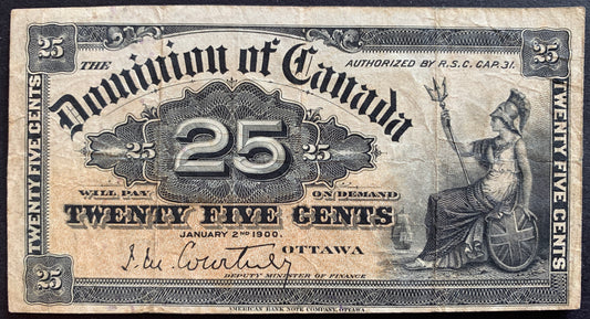 front of Canada 25 Cents "Shinplaster" 1900 P-9a F collectible vintage banknote with seated Britannica