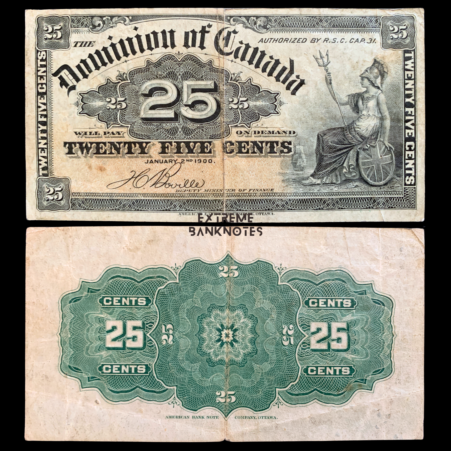 front and back of Canada 25 Cents Shinplaster note 1900 P-9b F collectible banknote