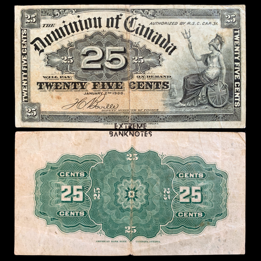 front and back of Canada 25 Cents Shinplaster note 1900 P-9b F collectible banknote