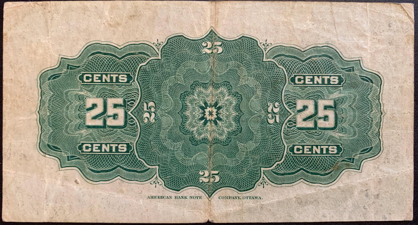 back of Canada 25 Cents Shinplaster note 1900 P-9b F collectible banknote