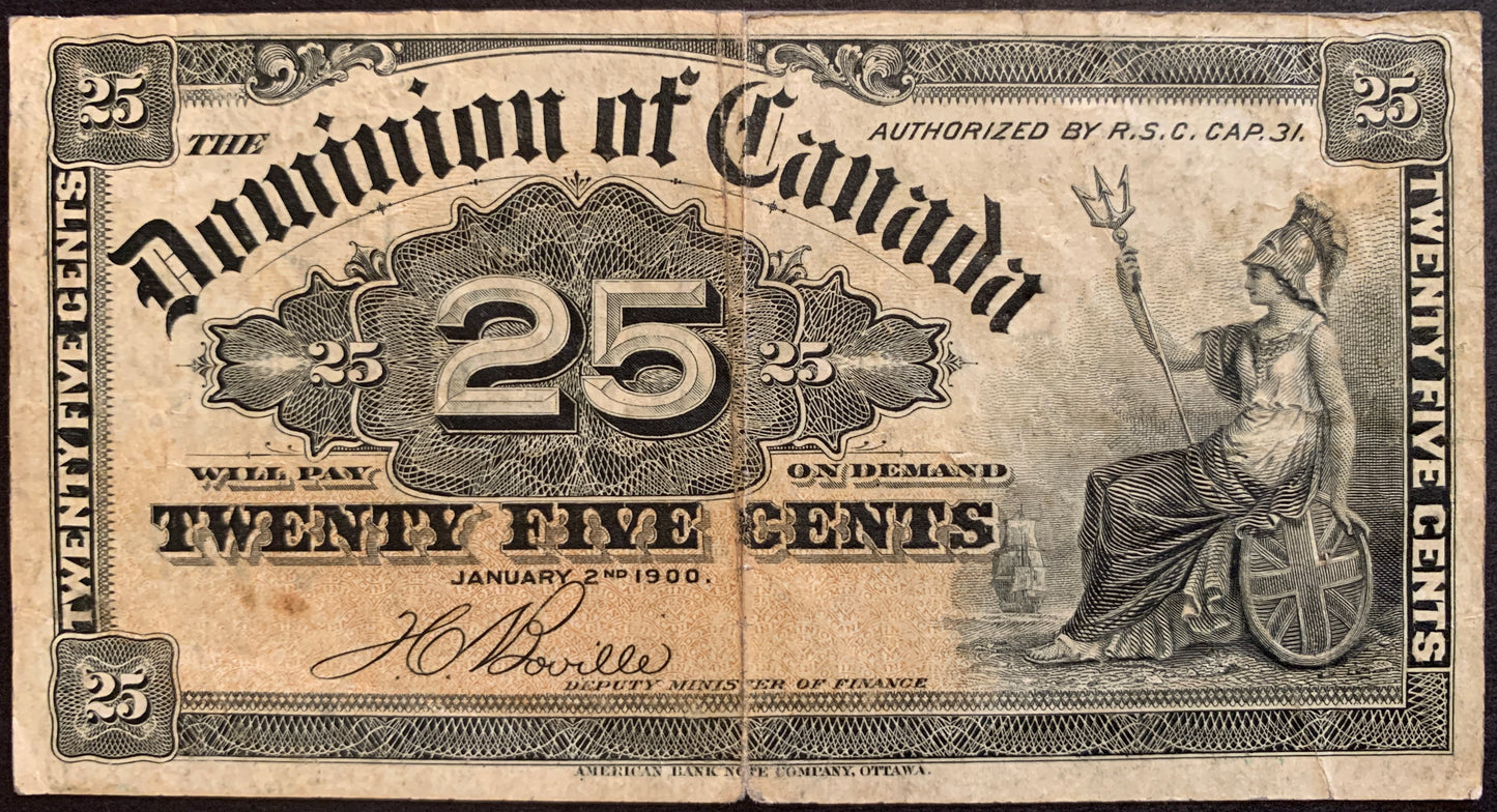 front of Canada 25 Cents Shinplaster note 1900 P-9b F collectible banknote with allegory of Britannia
