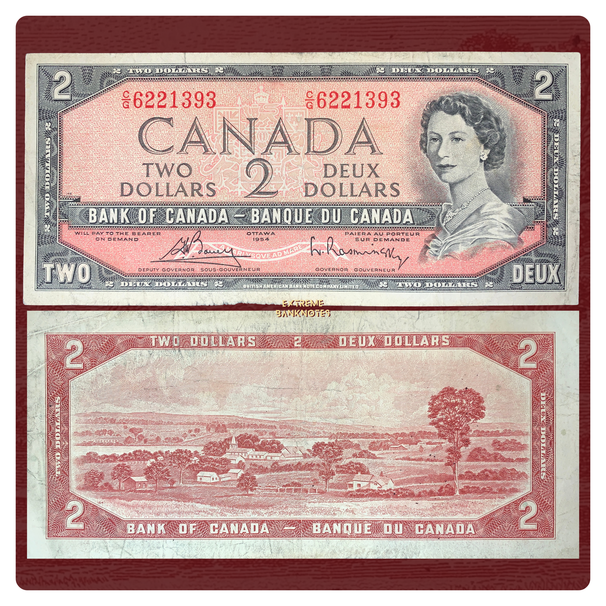 front and back of Canada 2 Dollars 1954 P-76c vintage collecible banknote with Queen Elizabeth II and landscape