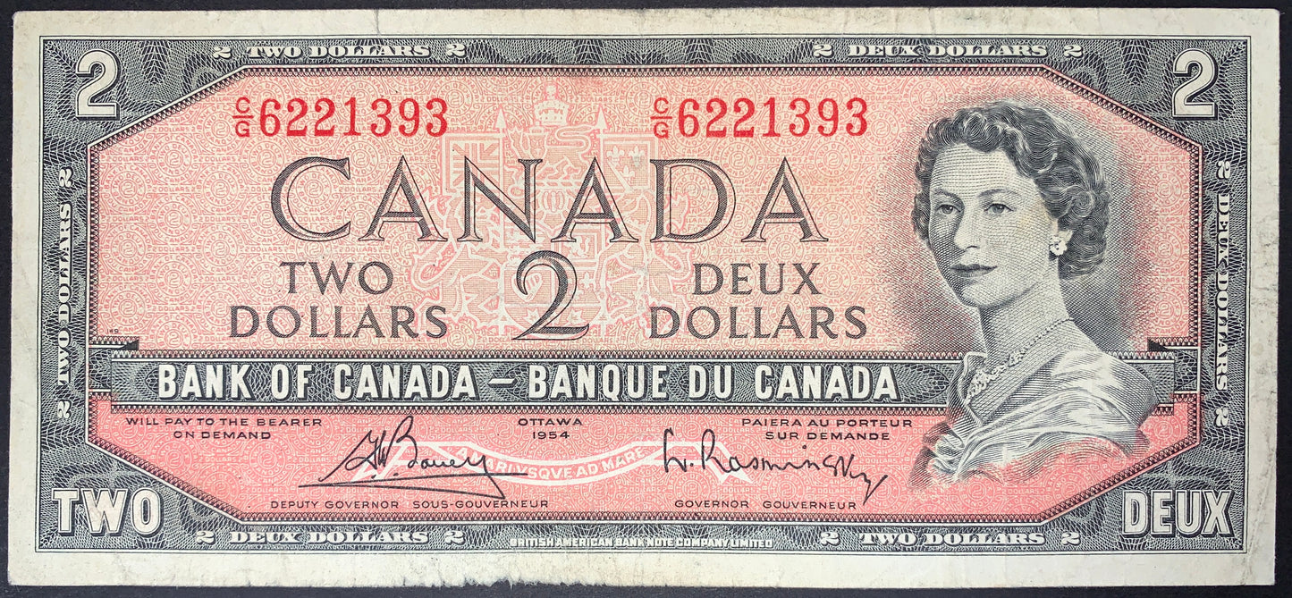 front of 2 Dollars 1954 P-76c collectible vintage banknote ith portrait of young Queen Elizabeth II