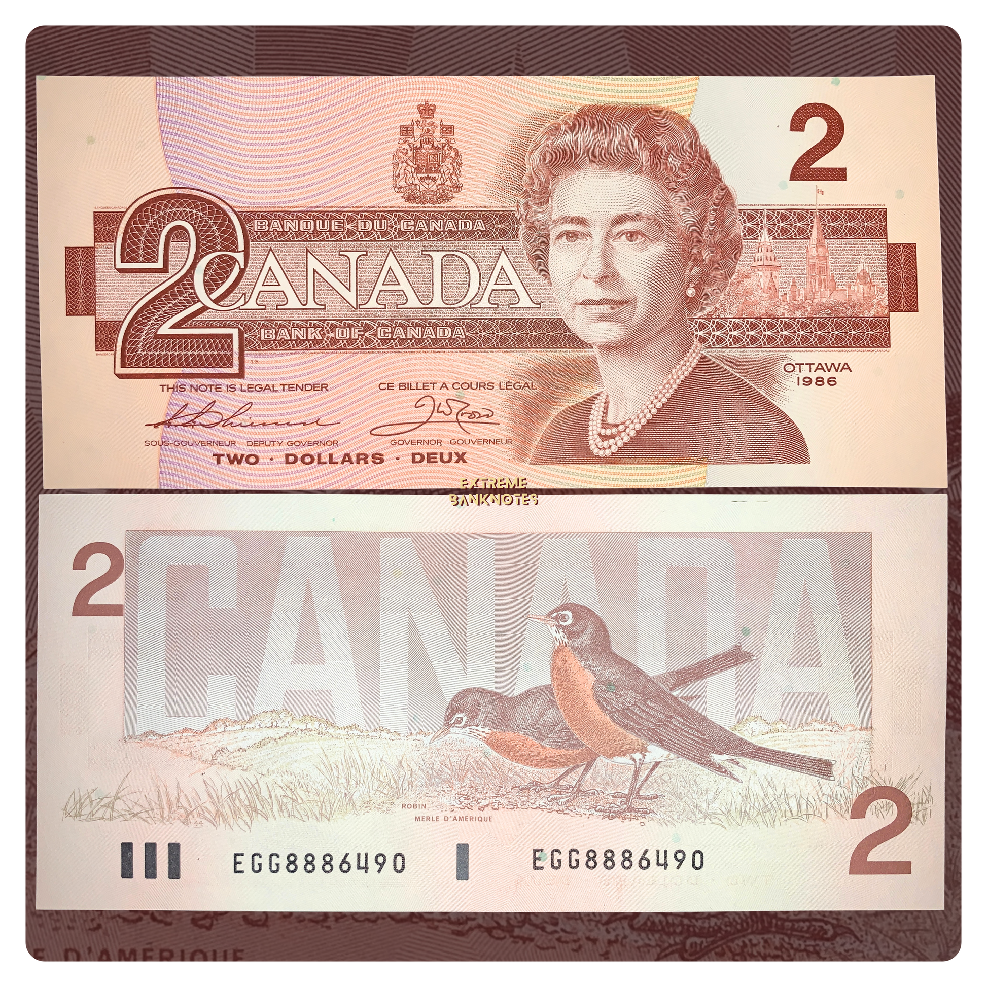 front and back of Canada 2 Dollars 1986 P-94 UNC collectible vintage american banknote with portrait of Queen Elizabeth II and robin birds