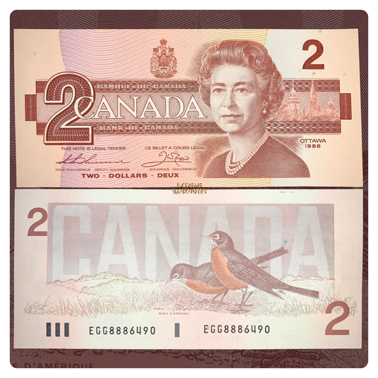 front and back of Canada 2 Dollars 1986 P-94 UNC collectible vintage american banknote with portrait of Queen Elizabeth II and robin birds