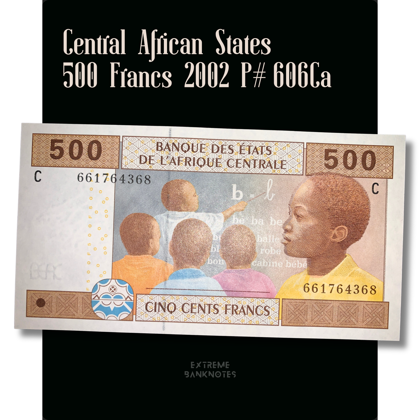 Central African States 500 Francs banknote from 2002 (P-606Ca), featuring schoolchildren learning in a classroom on the obverse, authentic collectible paper money.