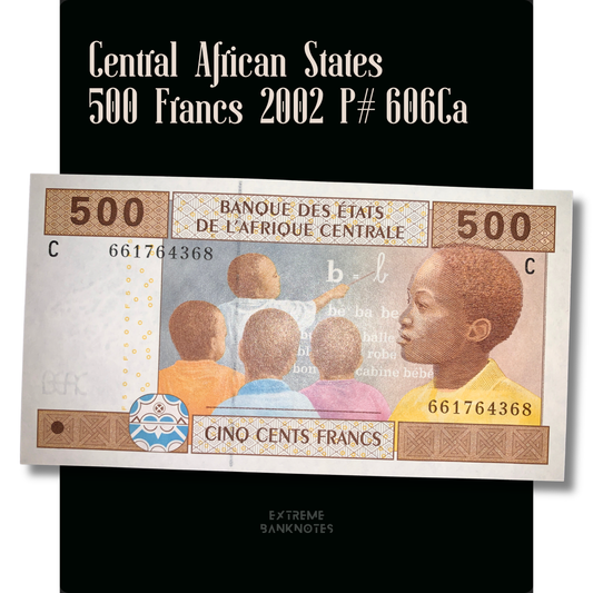 Central African States 500 Francs banknote from 2002 (P-606Ca), featuring schoolchildren learning in a classroom on the obverse, authentic collectible paper money.