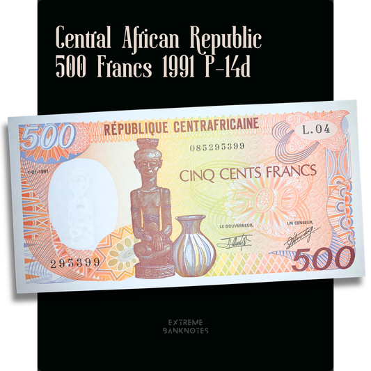Authentic Central African Republic 500 Francs banknote (1991) P-14d UNC featuring the obverse with a carved ancestral wooden statue and traditional ceramic vase. Uncirculated CFA Franc collectible world banknote.