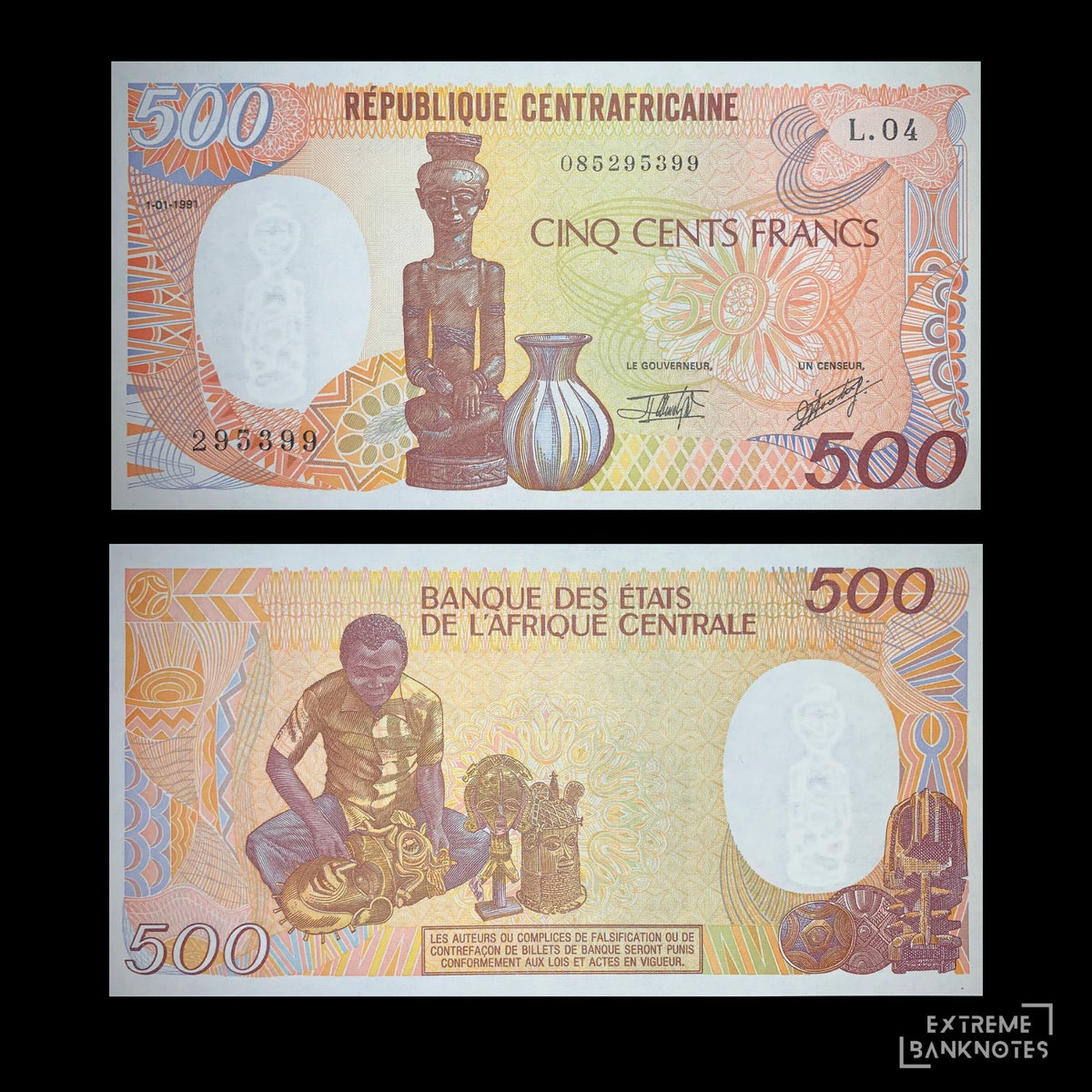 Authentic Central African Republic 500 Francs banknote (1991) P-14d UNC featuring the obverse with a carved ancestral wooden statue and traditional ceramic vase. Uncirculated CFA Franc collectible world banknote.