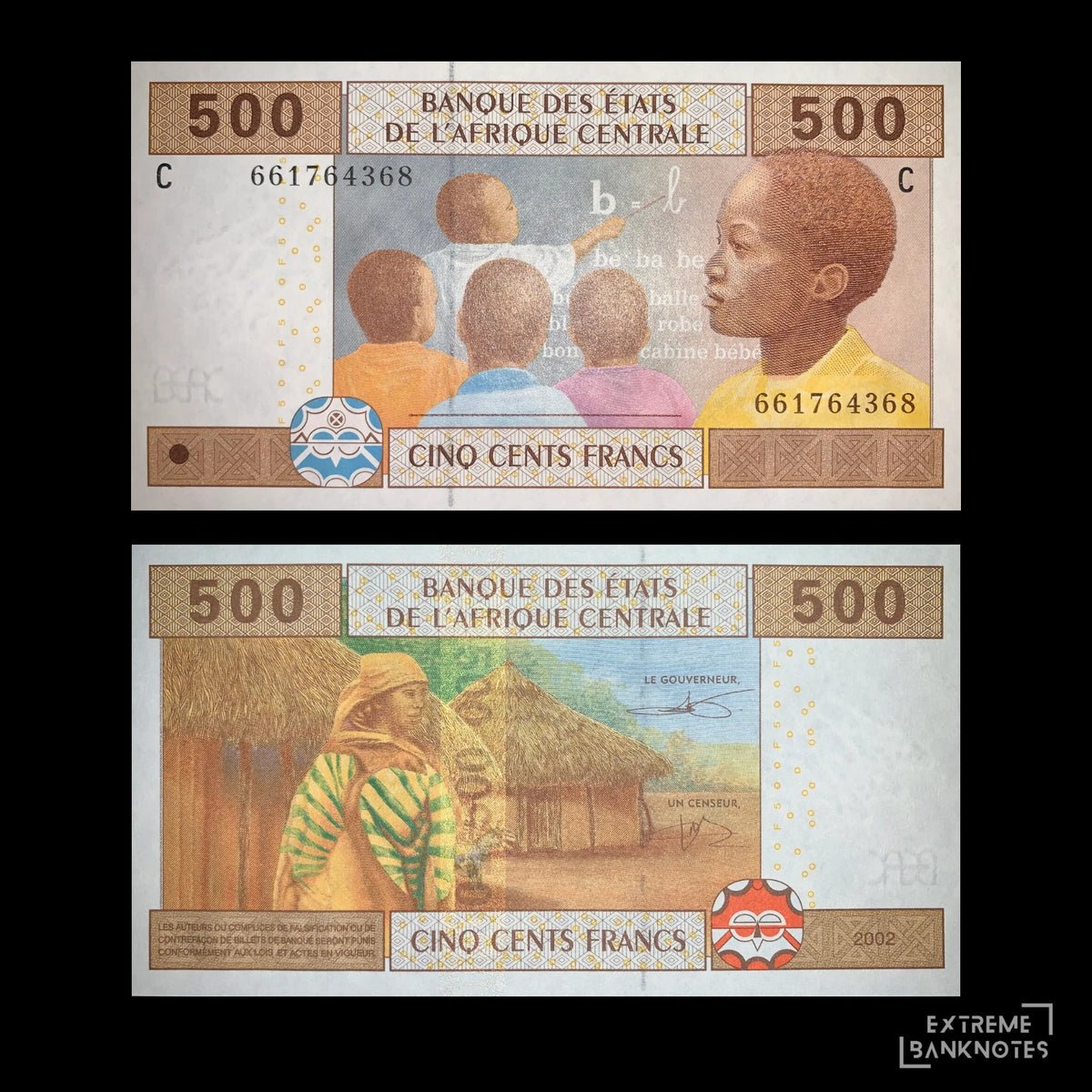 Central African States 500 Francs banknote from 2002 (P-606Ca), featuring schoolchildren learning in a classroom on the obverse, authentic collectible paper money.
