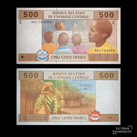Central African States 500 Francs banknote from 2002 (P-606Ca), featuring schoolchildren learning in a classroom on the obverse, authentic collectible paper money.