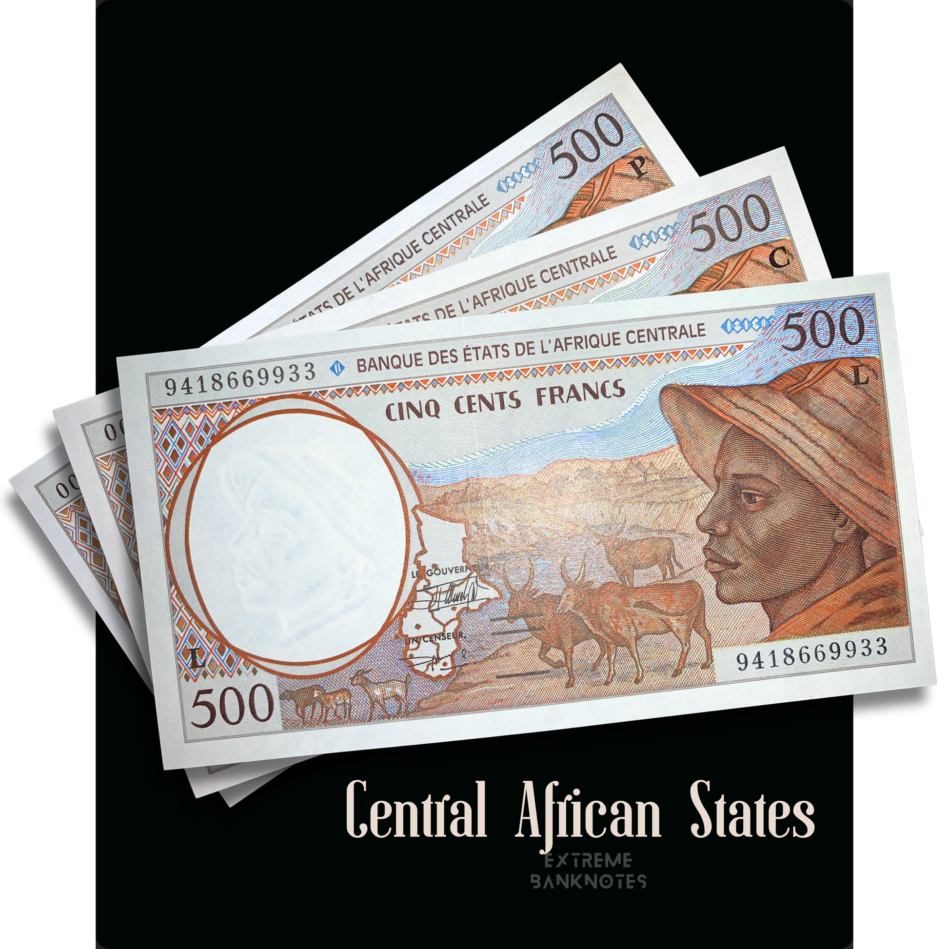 Authentic Central African States 500 Francs banknote bundle featuring Gabon 1994 P-401Lb, Republic of the Congo 2000 P-101Cg, and Chad 2000 P-601Pg. Uncirculated BEAC CFA Franc collectible banknotes with shepherd portrait, Zebu cattle, baobab tree, antelopes, and Kota tribal mask.