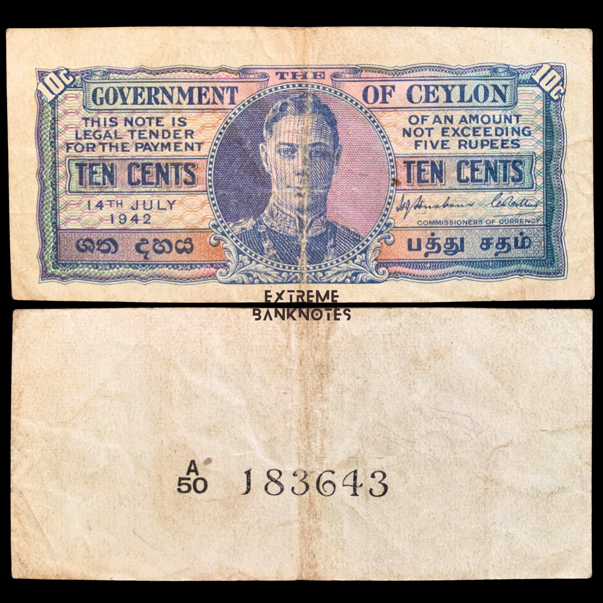 front and back of Ceylon (Sri Lanka) 10 Cents 1942 P-43 VF collectible banknote