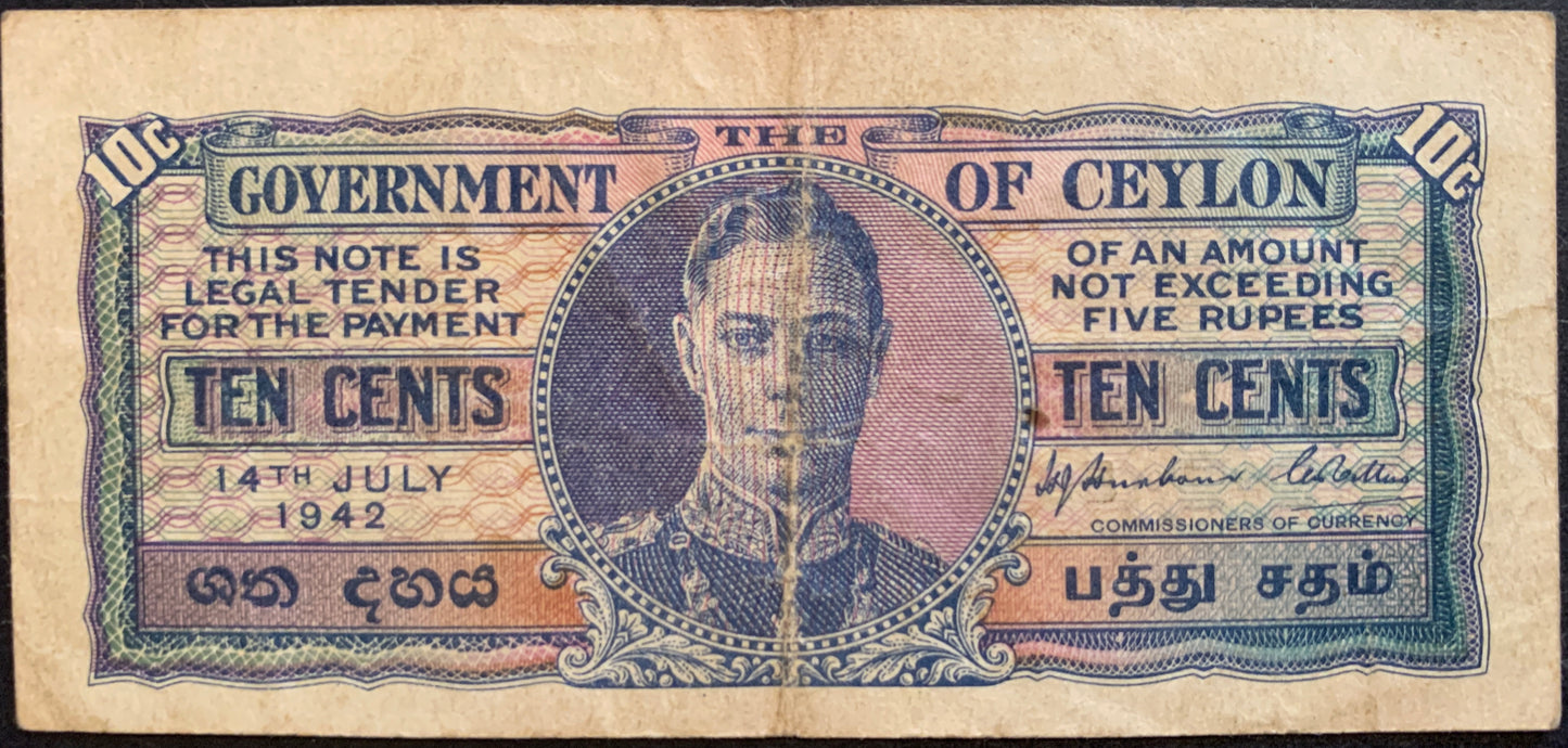 front of Ceylon (Sri Lanka) 10 Cents 1942 P-43 VF collectible banknote with portrait of king george vi