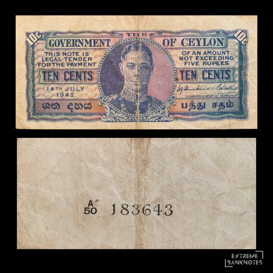 front and back of Ceylon (Sri Lanka) 10 Cents 1942 P-43 VF collectible banknote