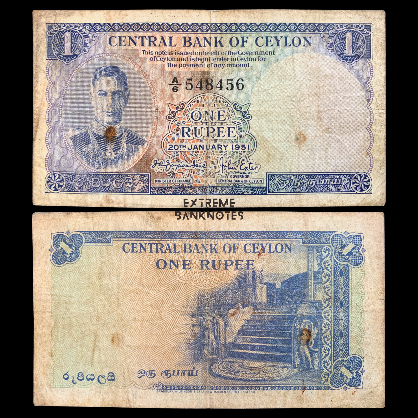 front and back of Ceylon (Sri Lanka) 1 Rupee 1951 P-47 F+ collectible banknote