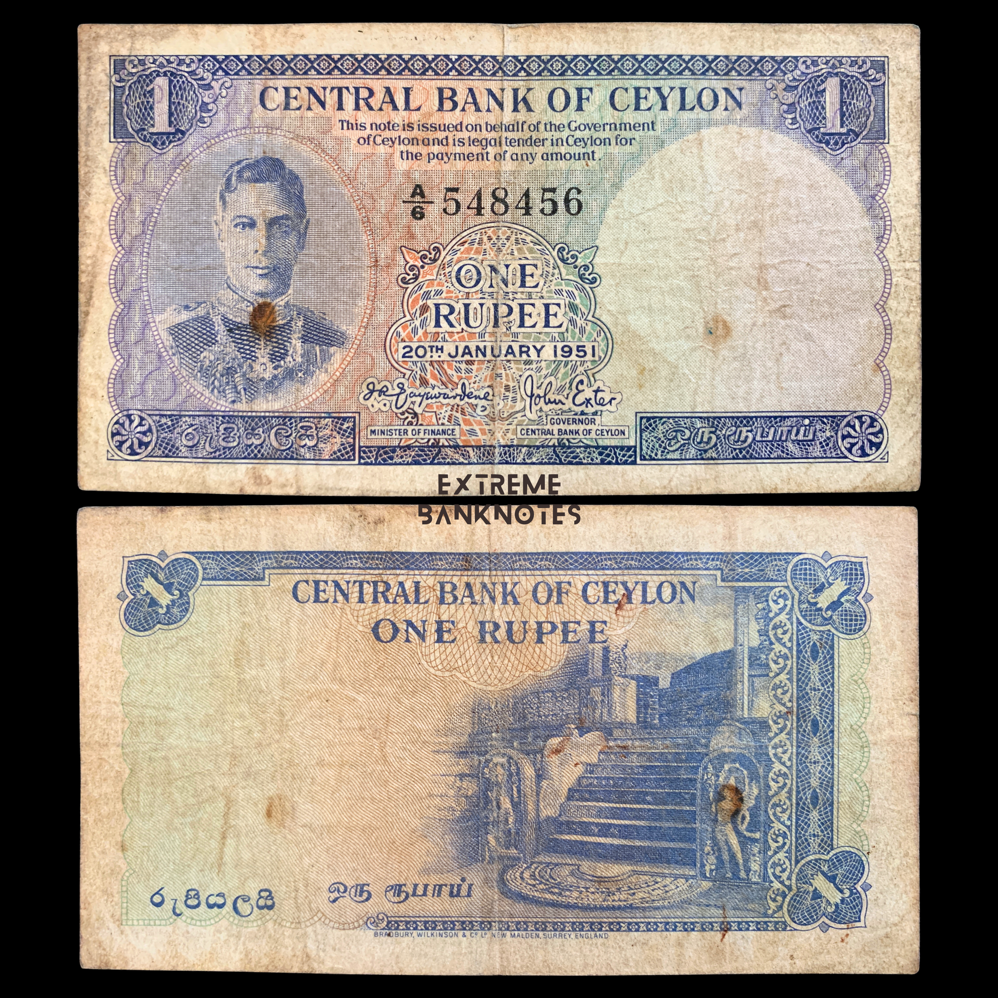 front and back of Ceylon (Sri Lanka) 1 Rupee 1951 P-47 F+ collectible banknote