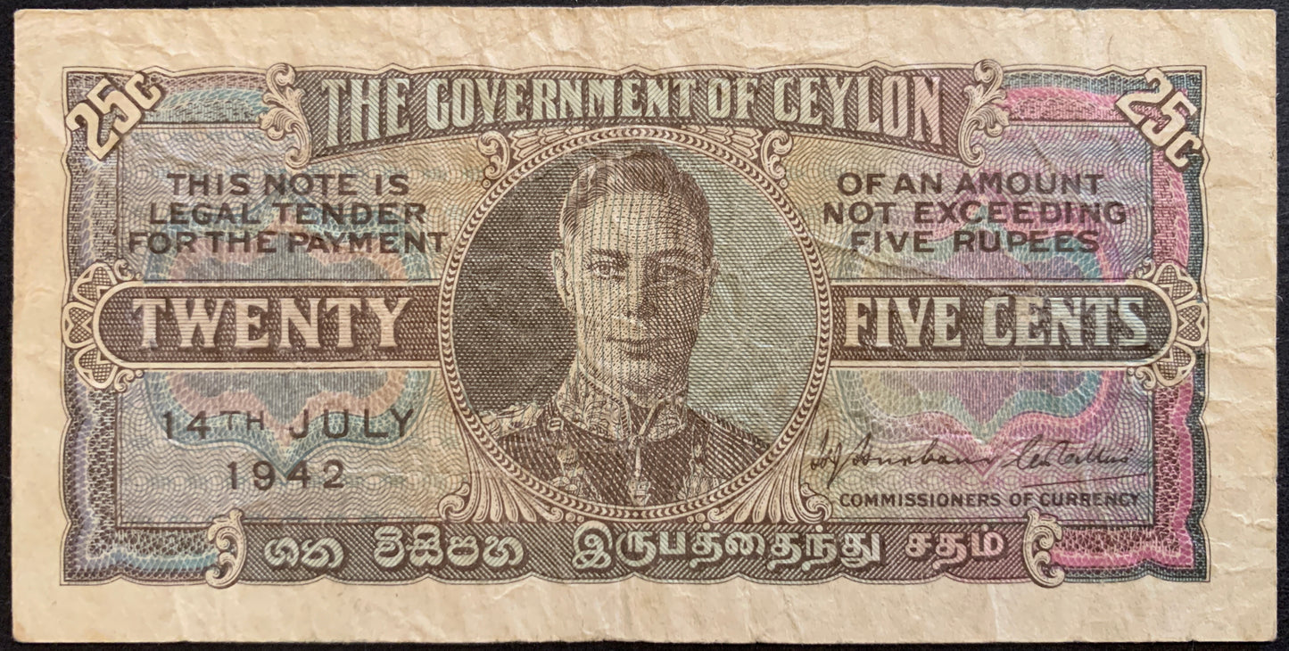 front of Ceylon (Sri Lanka) 25 Cents 1942 P-44a VF- collectible banknote with portrait of King George VI