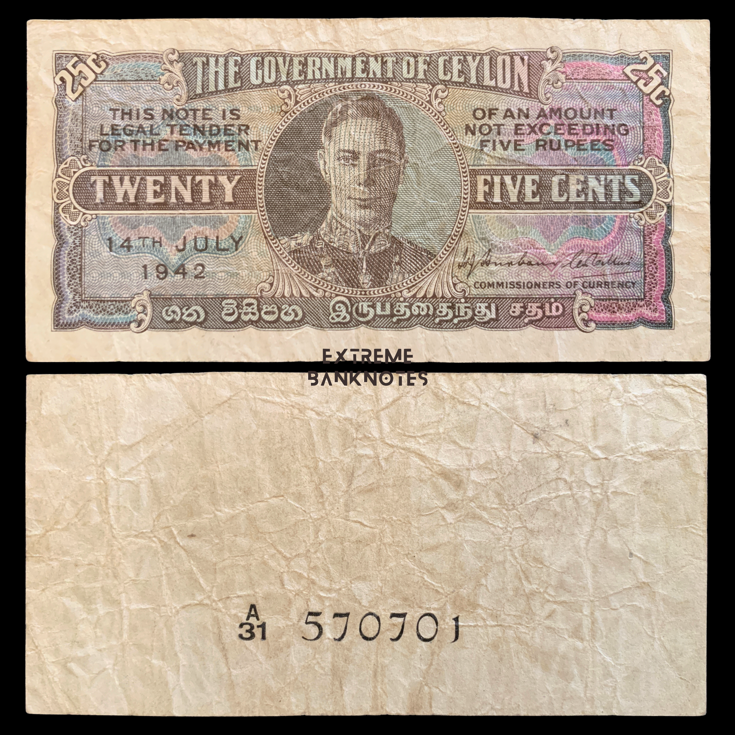 front and back of Ceylon (Sri Lanka) 25 Cents 1942 P-44a VF- collectible banknote