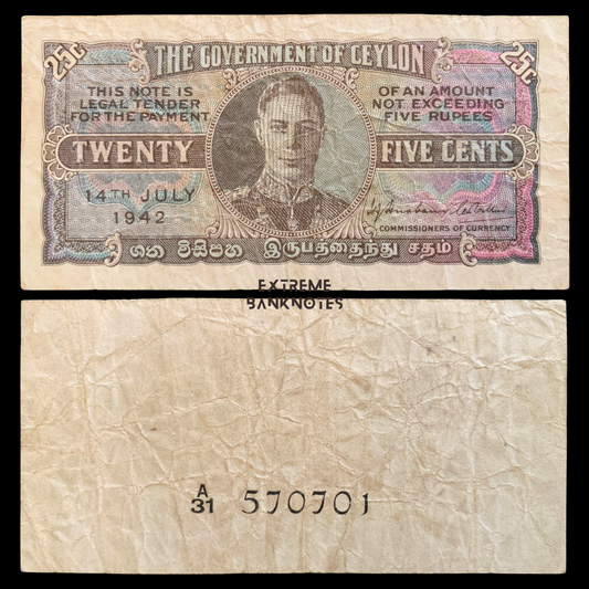 front and back of Ceylon (Sri Lanka) 25 Cents 1942 P-44a VF- collectible banknote