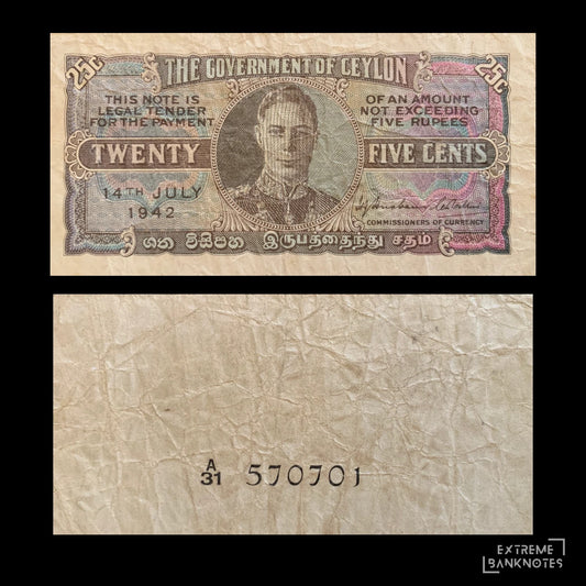 front and back of Ceylon (Sri Lanka) 25 Cents 1942 P-44a VF- collectible banknote