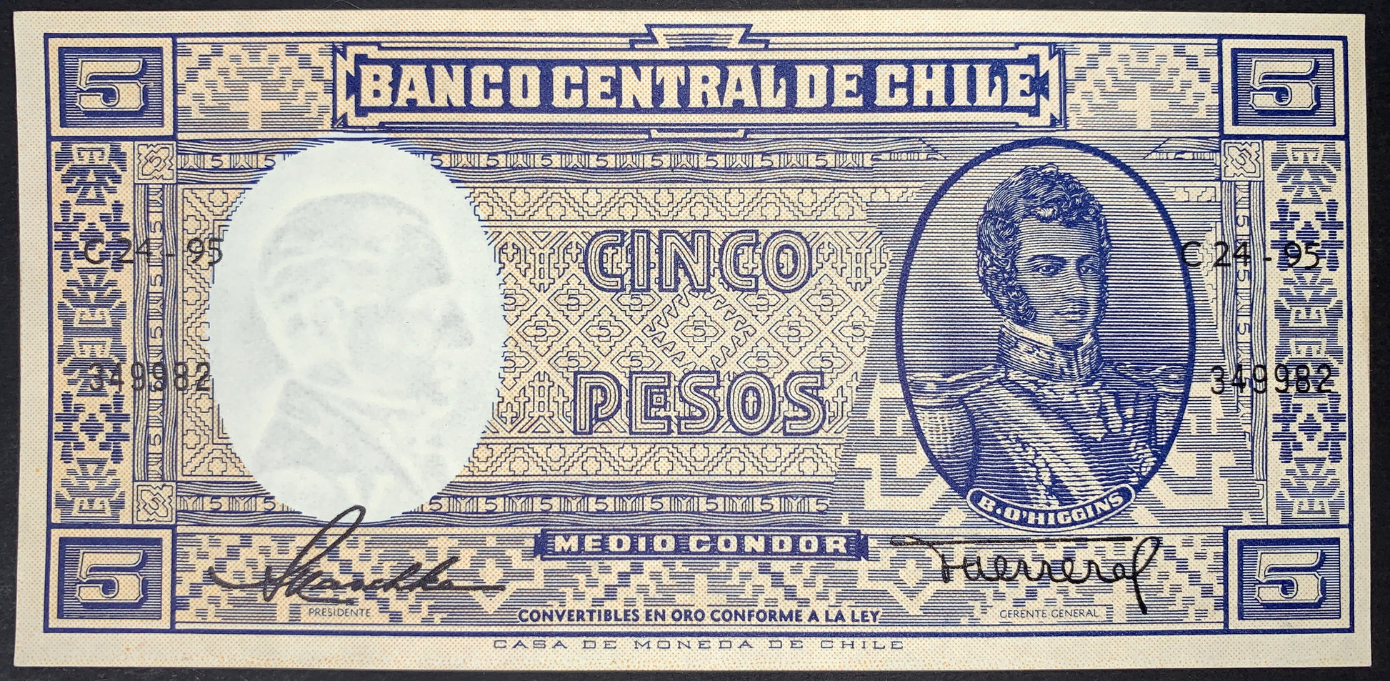 front of Chile 5 Pesos ND (1958-1959) P-119 UNC collectible vintage banknote with portrait of Bernardo O’Higgins