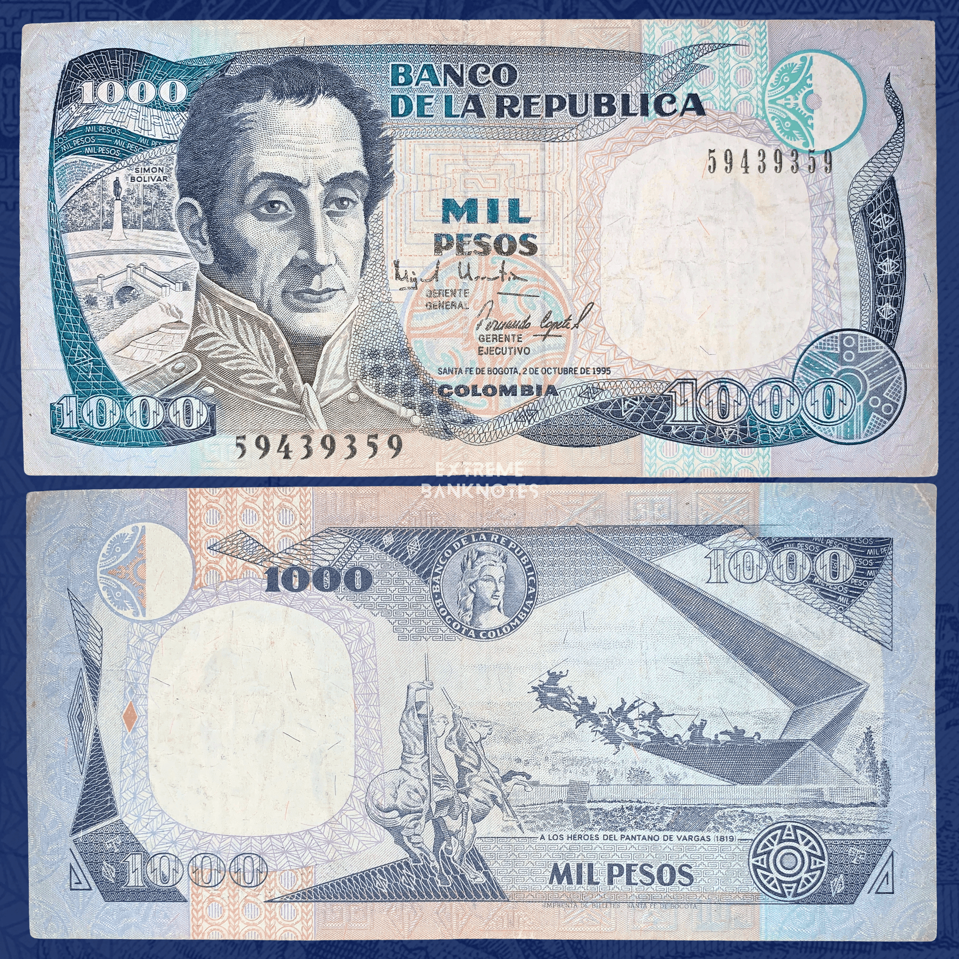 Authentic Colombia 1,000 Pesos banknote dated 2 October 1995, Pick P-438. Obverse features a portrait of Simón Bolívar with security elements and geometric designs, while the reverse depicts the Monument to the Heroes of Pantano de Vargas (1819). Front and back views of the collectible banknote.