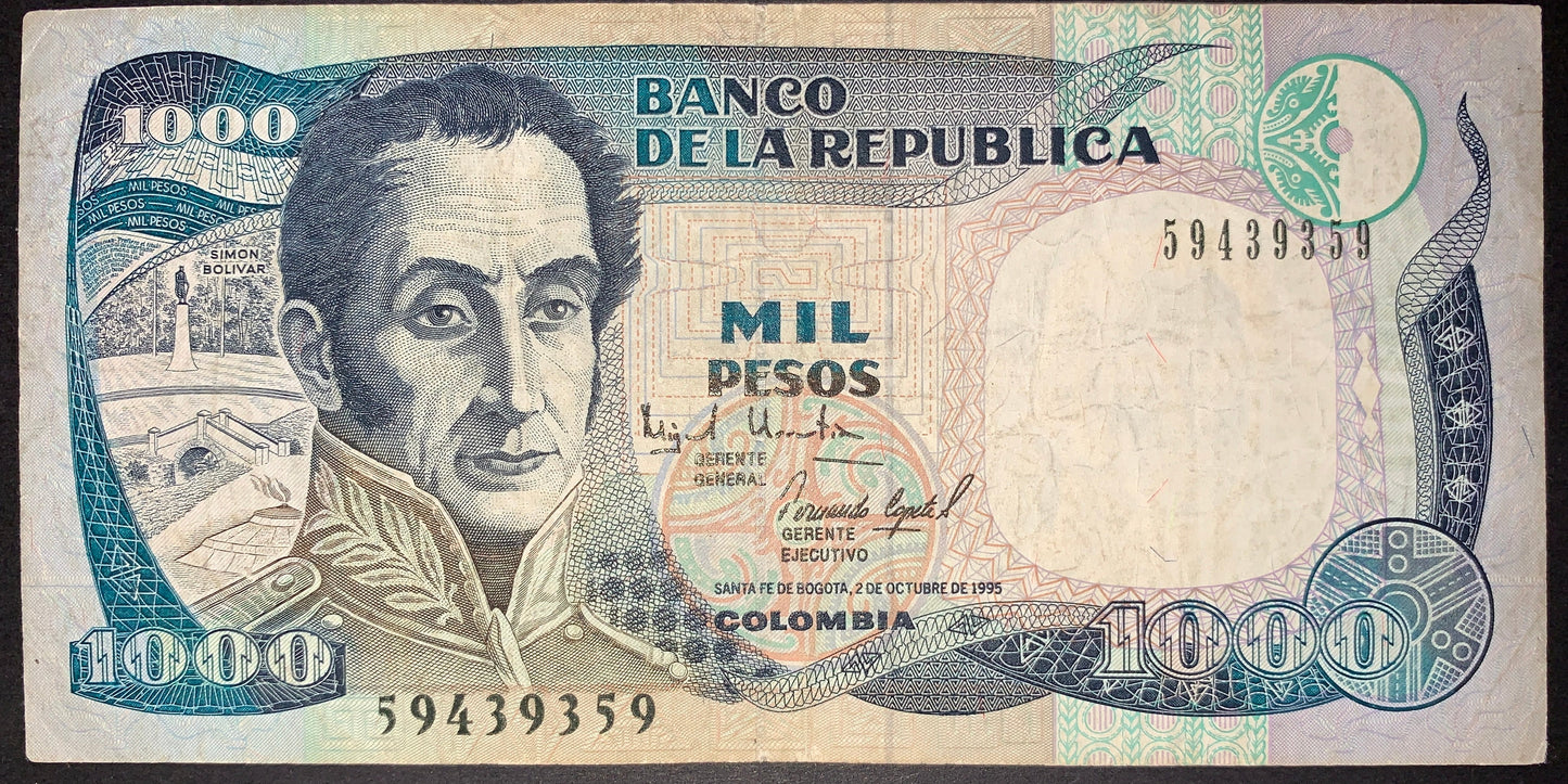 Obverse of an authentic Colombia 1,000 Pesos banknote, 1995 issue, Pick P-438. Features a portrait of Simón Bolívar, intricate geometric security patterns, multicolor engraving, watermark area, and detailed Banco de la República artwork.