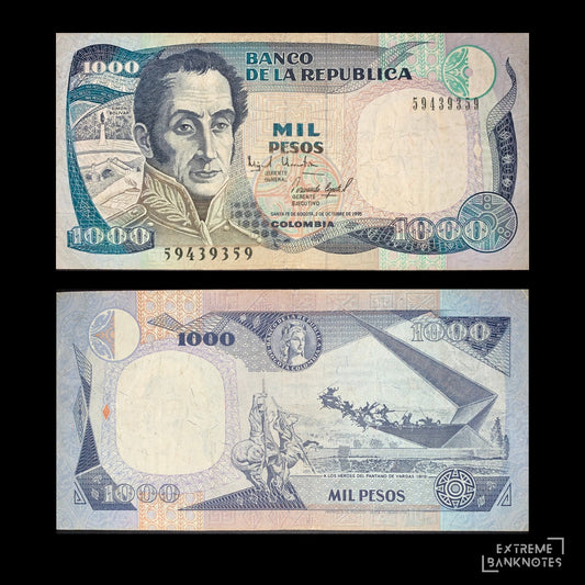 Authentic Colombia 1,000 Pesos banknote dated 2 October 1995, Pick P-438. Obverse features a portrait of Simón Bolívar with security elements and geometric designs, while the reverse depicts the Monument to the Heroes of Pantano de Vargas (1819). Front and back views of the collectible banknote.