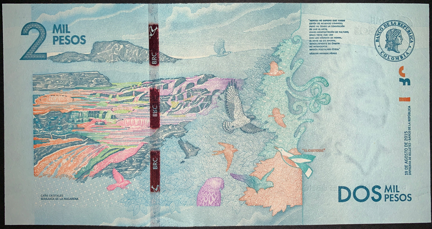 back of Colombia 2000 Pesos 2015 P-458a UNC collectible modern banknote with birds and landscape