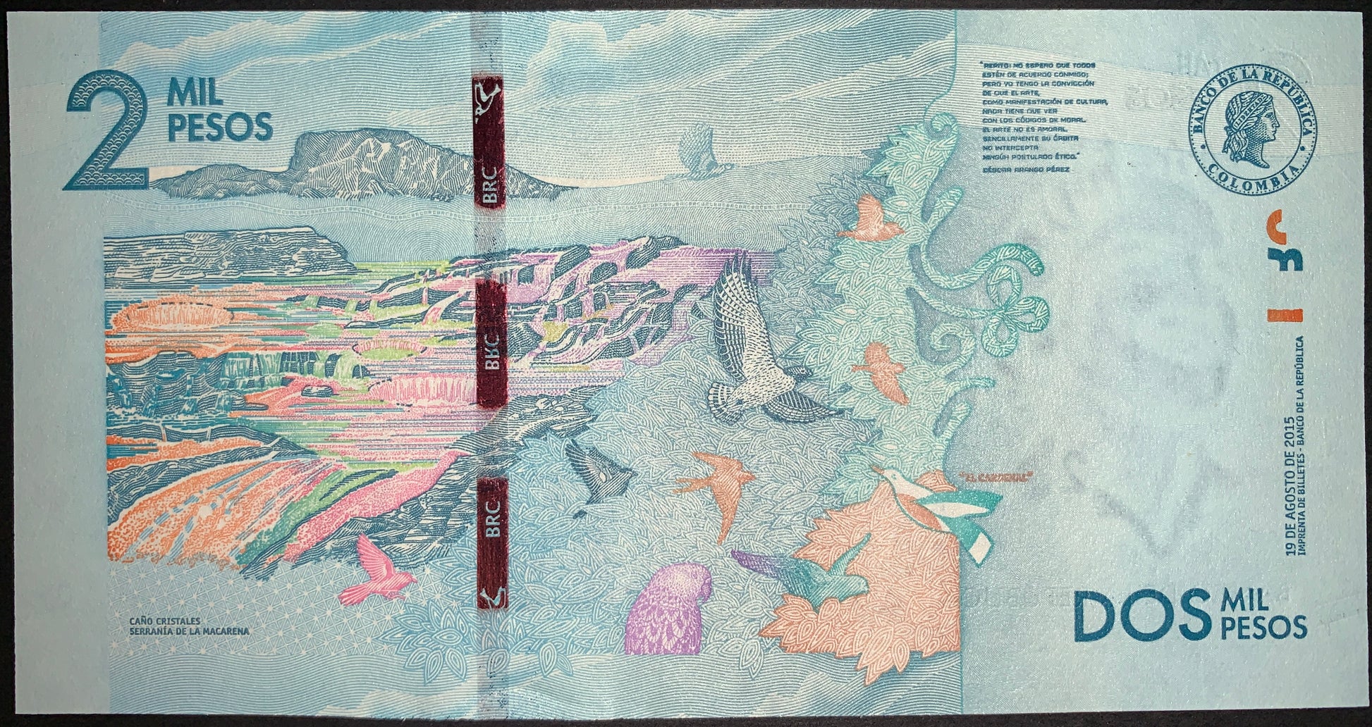 back of Colombia 2000 Pesos 2015 P-458a UNC collectible modern banknote with birds and landscape