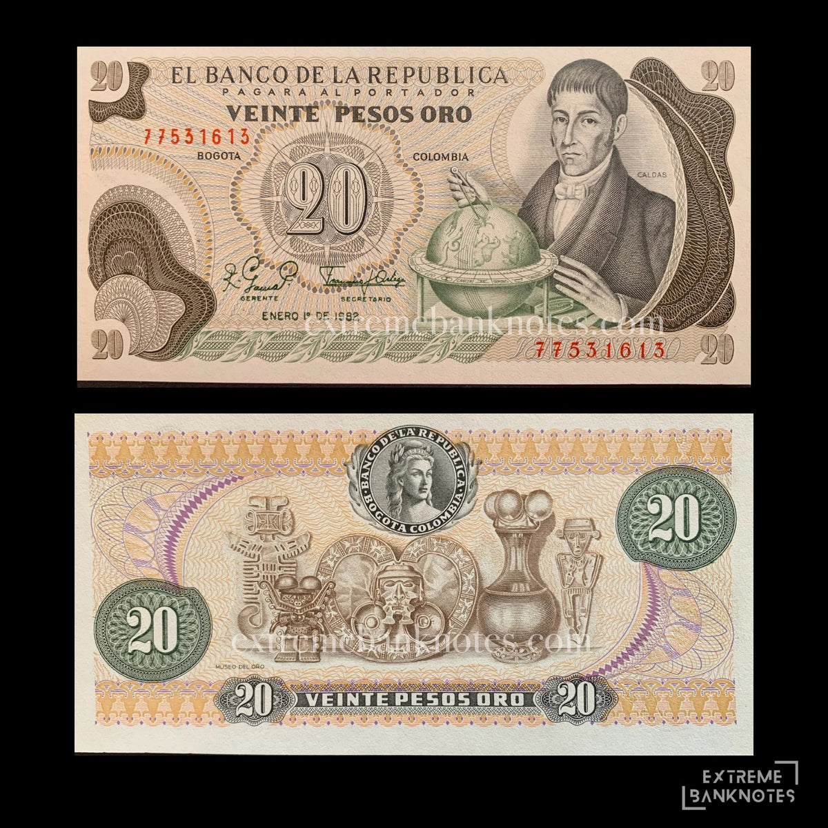 Colombia 20 Pesos Oro 1982 P-409d UNC – front and back