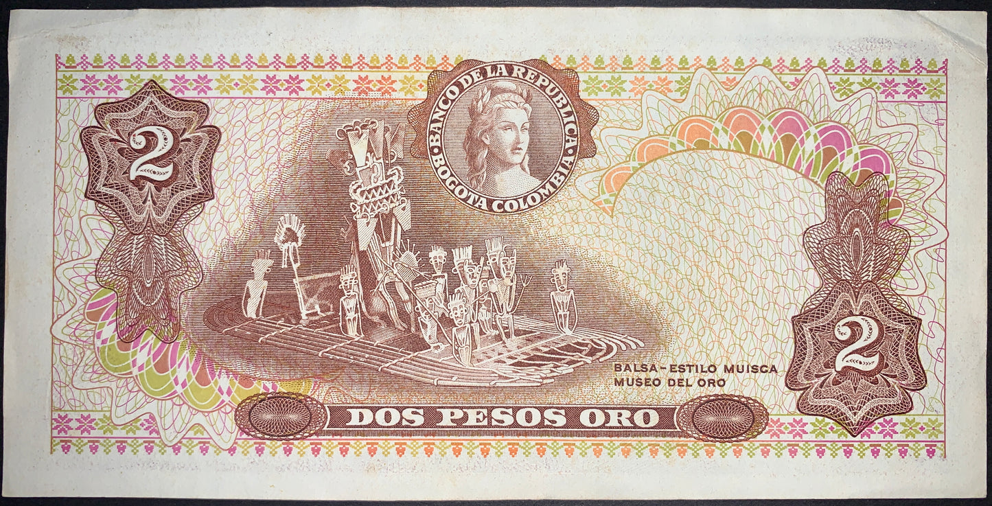 back of Colombia 2 Pesos Oro 1976 P-413b VF collectible banknote