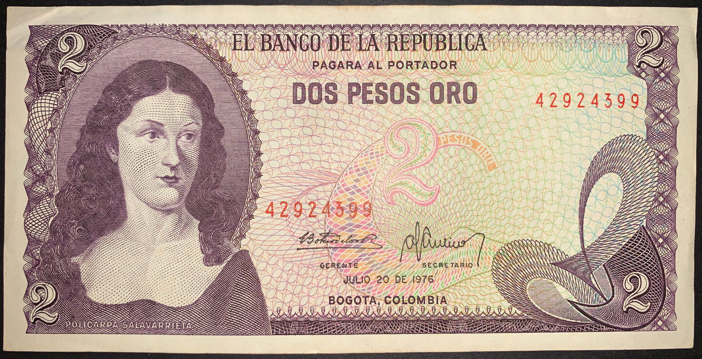 front of Colombia 2 Pesos Oro 1976 P-413b VF collectible banknote with portrait of woman
