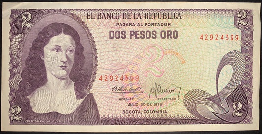 front of Colombia 2 Pesos Oro 1976 P-413b VF collectible banknote with portrait of woman