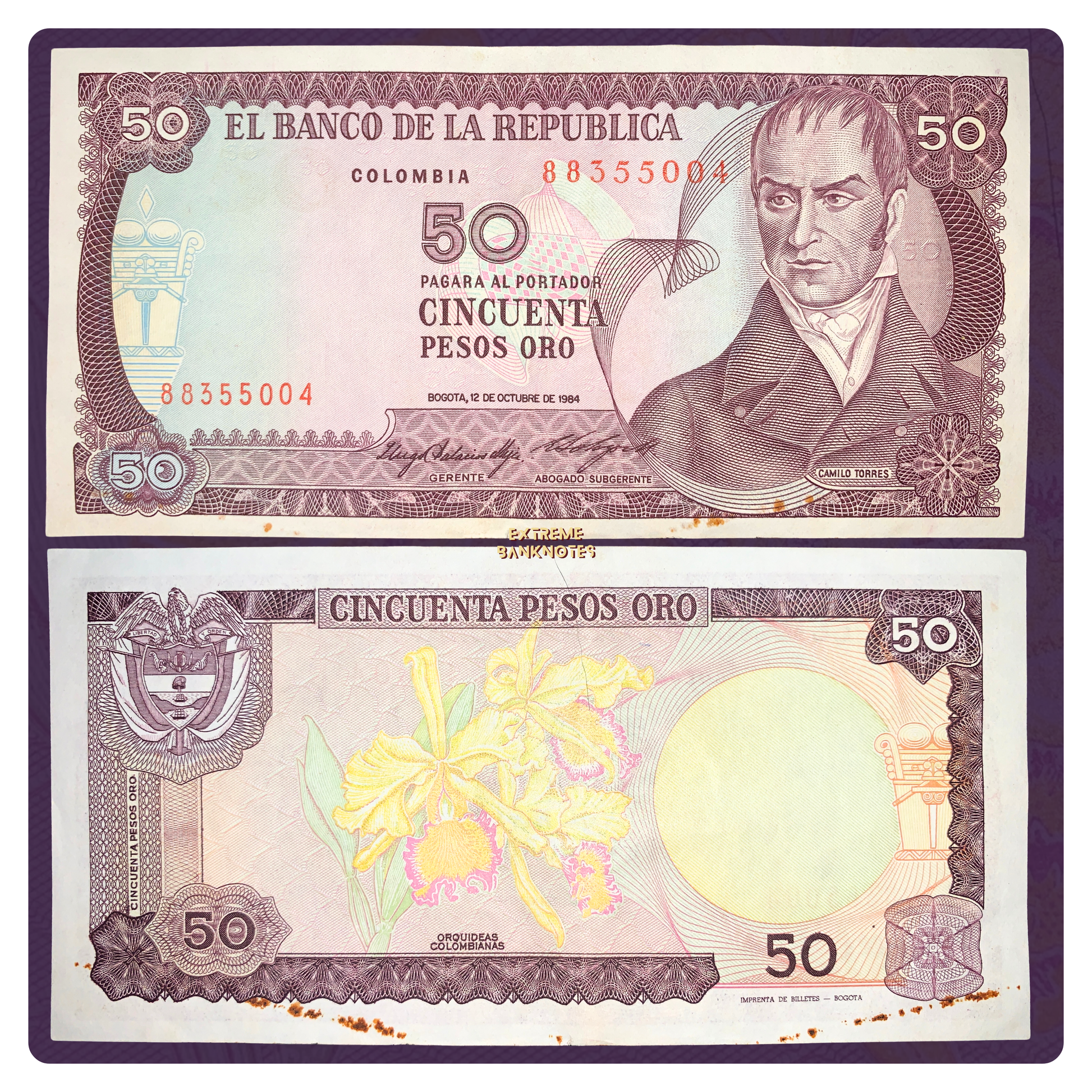 front and back of Colombia 50 Pesos Oro 1984 P-425a F  collectible vintage banknote