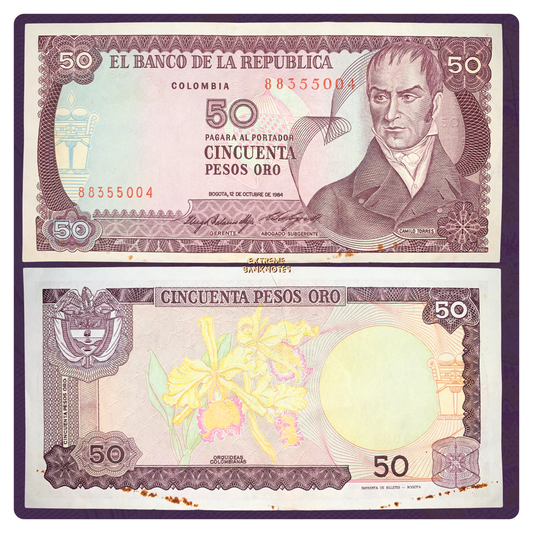 front and back of Colombia 50 Pesos Oro 1984 P-425a F  collectible vintage banknote