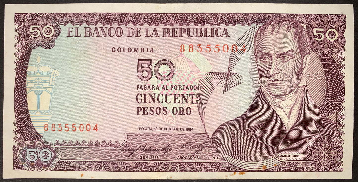 front of Colombia 50 Pesos Oro 1984 P-425a F  collectible vintage banknote with portrait of Camilo Torres Tenorio