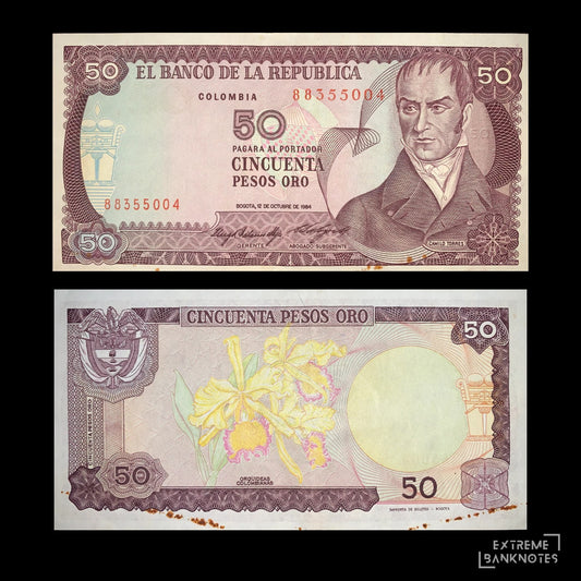 front and back of Colombia 50 Pesos Oro 1984 P-425a F  collectible vintage banknote