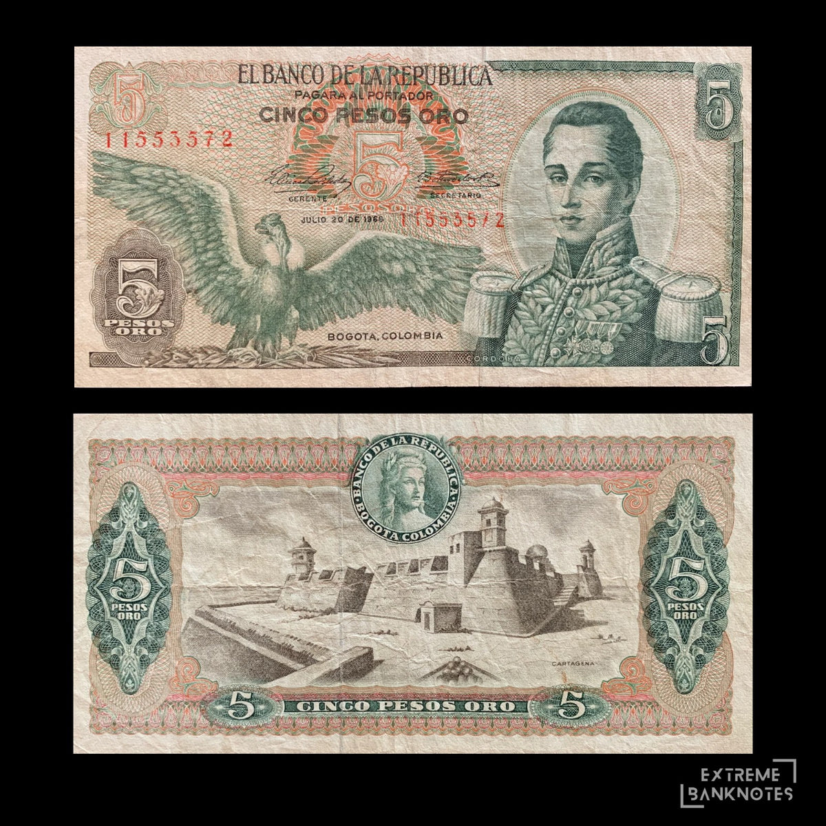 Colombia 5 Pesos Oro 1968 P-406b VF – front and back