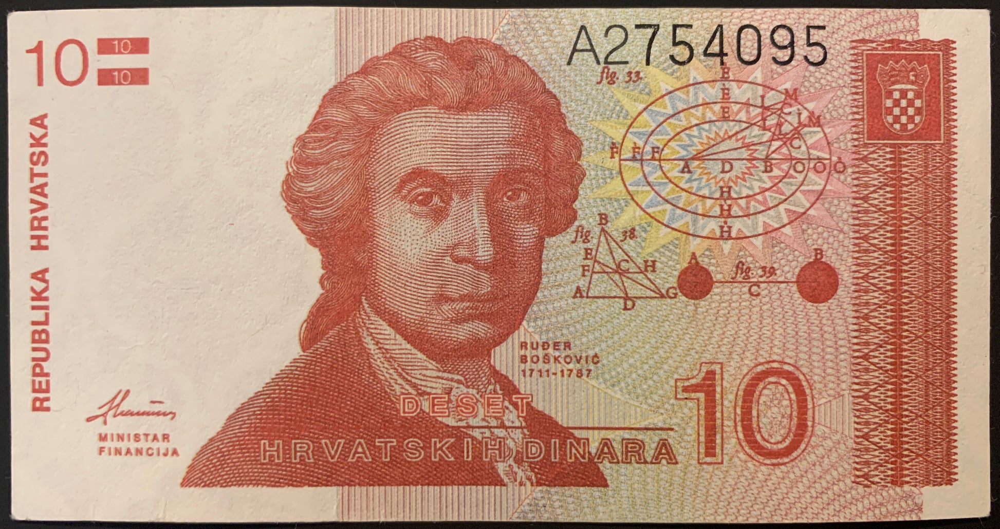 Croatia 10 Dinara 1991 P-18 collectible banknote front with portrait of Ruđer Bošković
