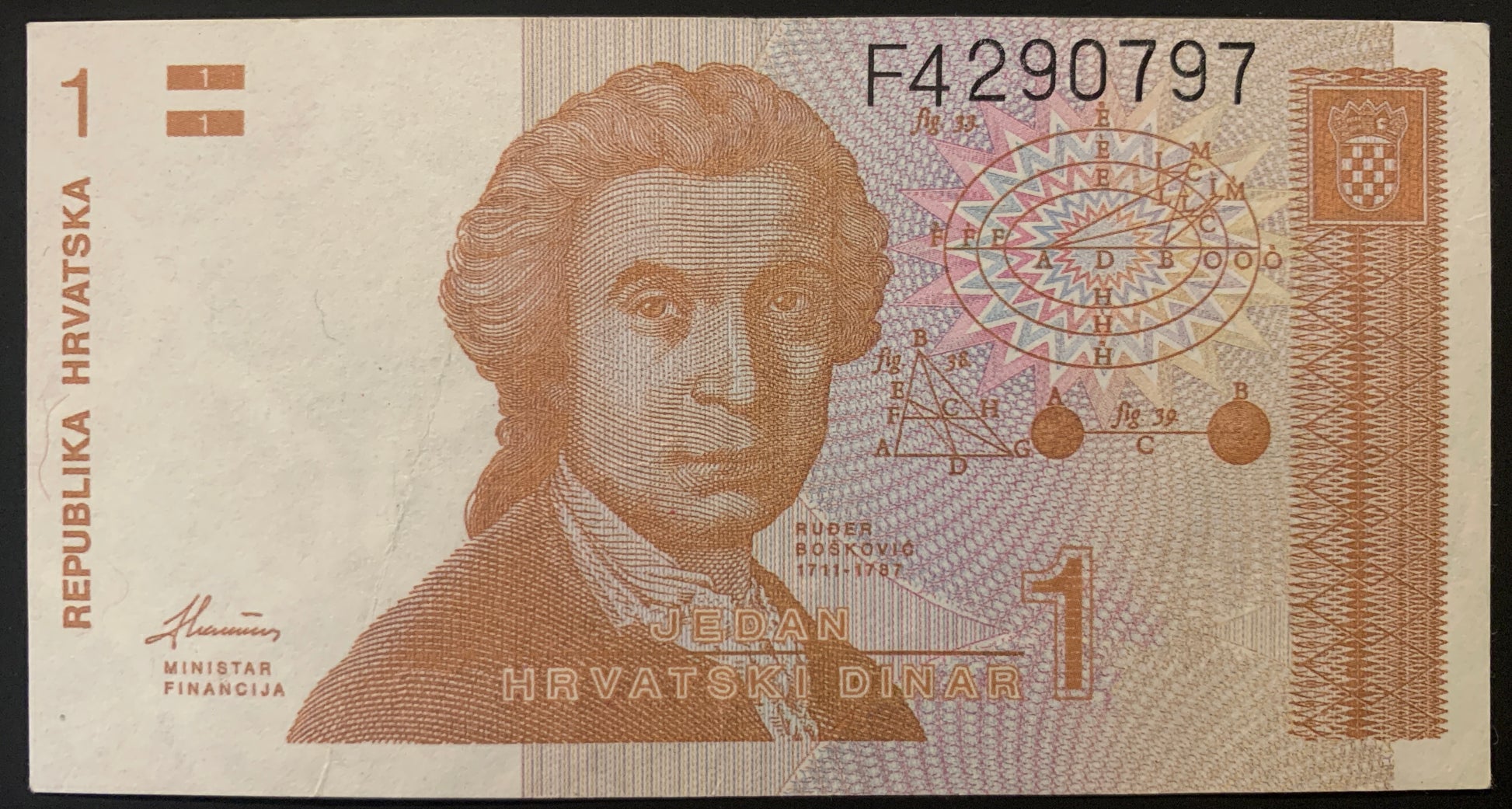 Croatia 1 Dinar 1991 P-16 banknote front with portrait of Ruđer Bošković