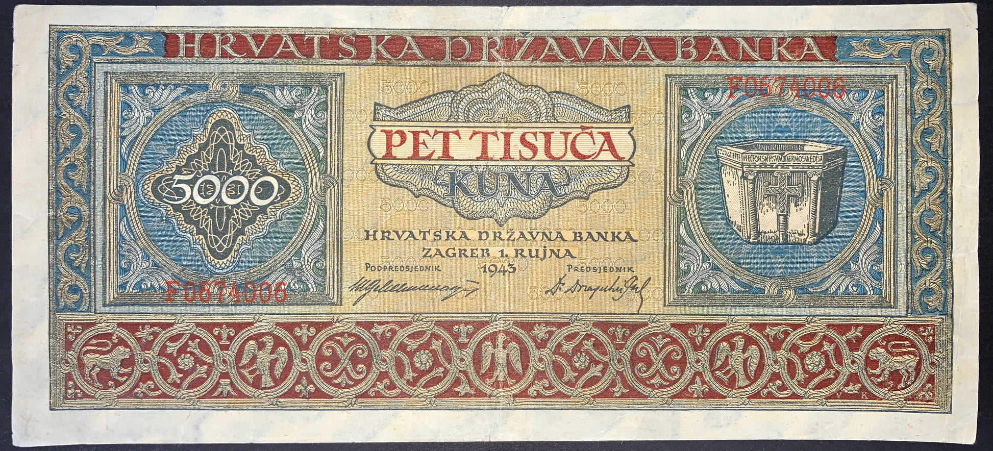front of Croatia 5000 Kuna 1943 P-13 F collectible banknote