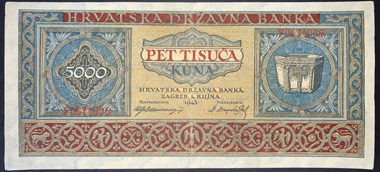front of Croatia 5000 Kuna 1943 P-13 F collectible banknote