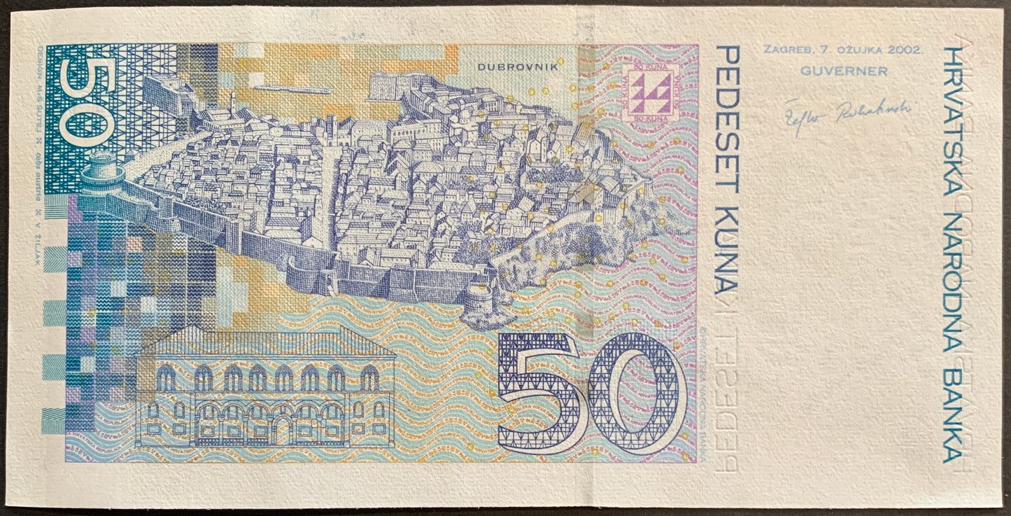 Croatia 50 Kuna 2002 P-40a banknote back featuring Dubrovnik city view in AUNC condition