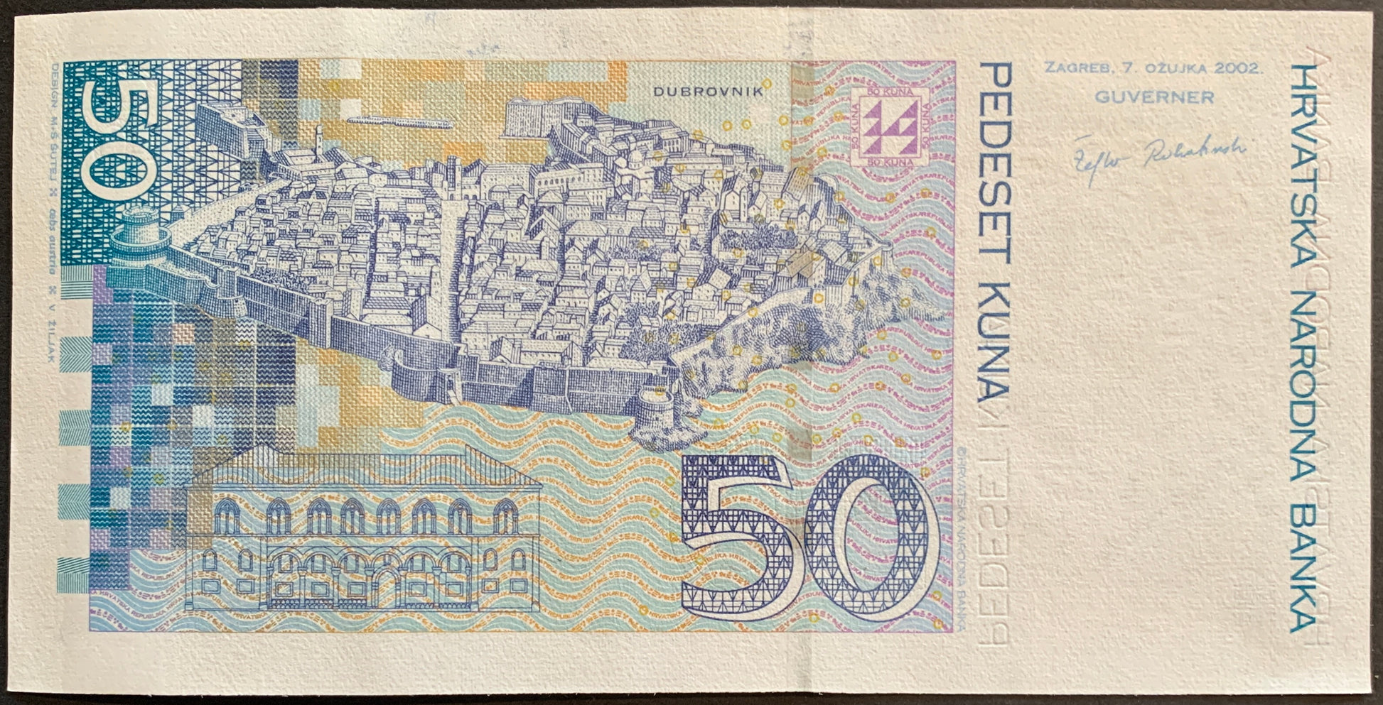 Croatia 50 Kuna 2002 P-40a banknote back featuring Dubrovnik city view in AUNC condition