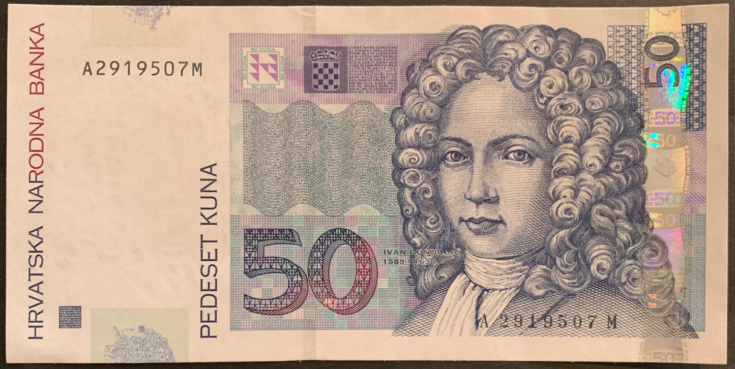 Croatia 50 Kuna 2002 P-40a banknote front with Ivan Gundulić in About Uncirculated condition